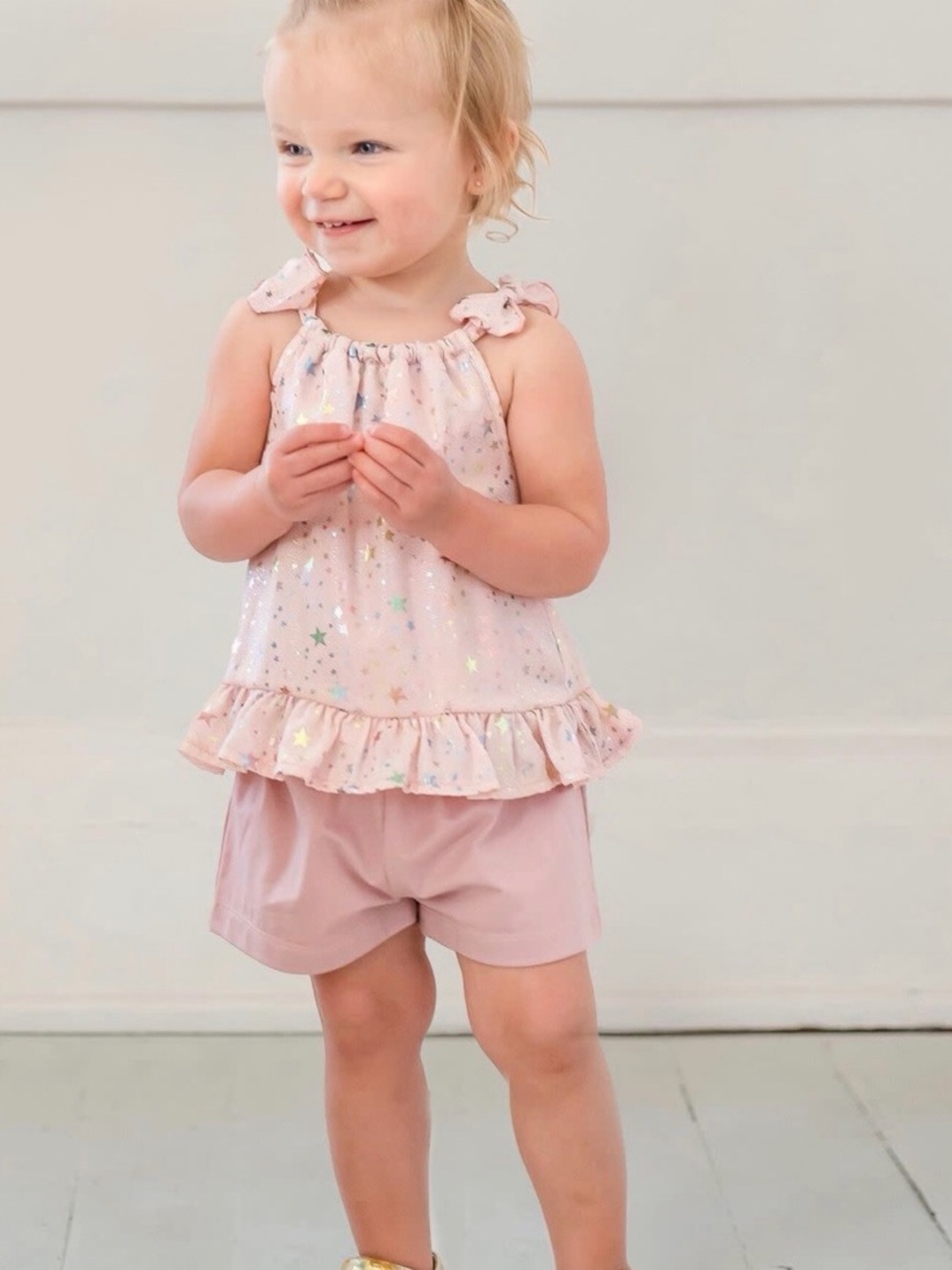 Girls Isobella & Chloe Pink Star Ruffle Tank with Matching Shorts - size 5